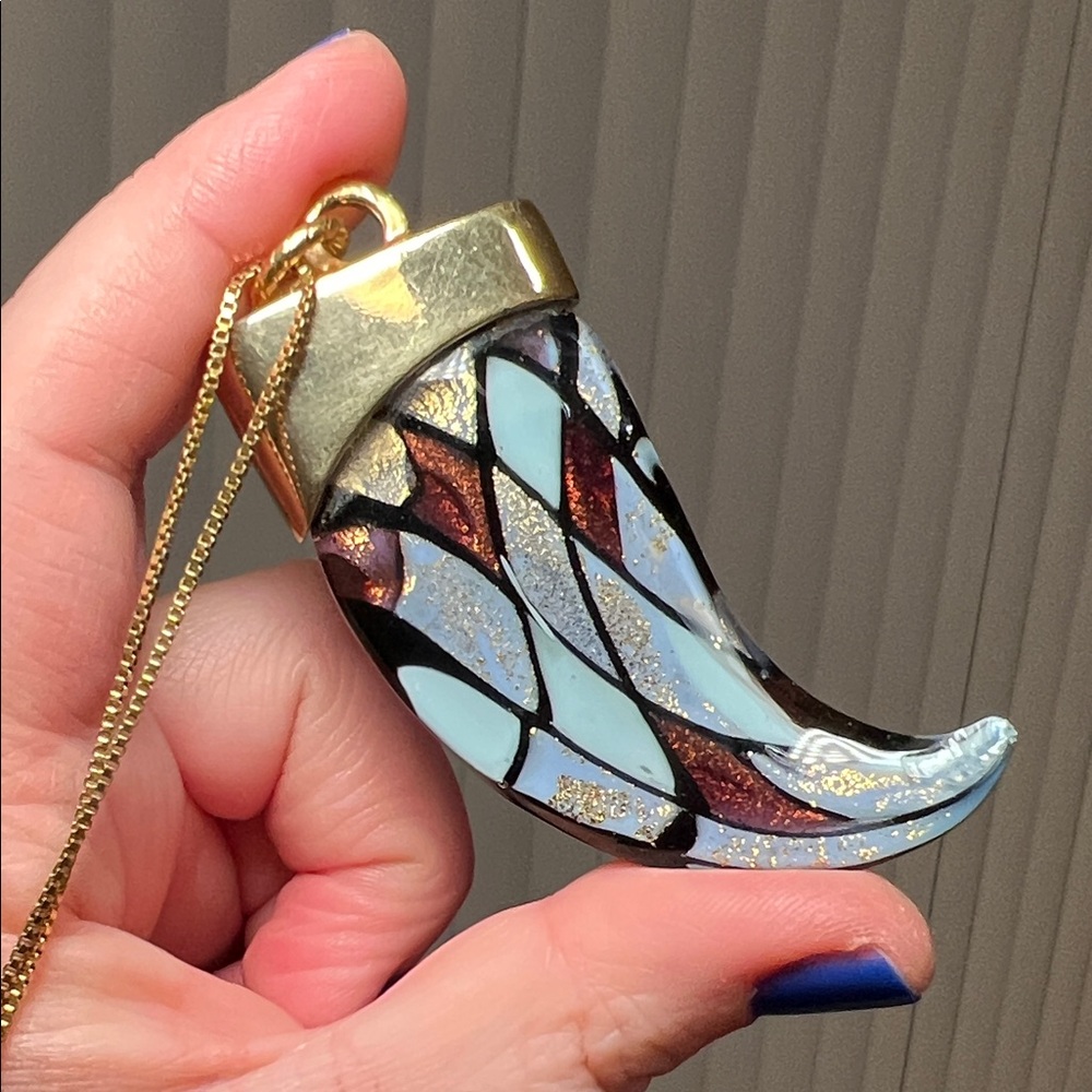Artisan Hand Blown Glass Aventurine Bear Claw 14k Gold Plated Pendant Necklace